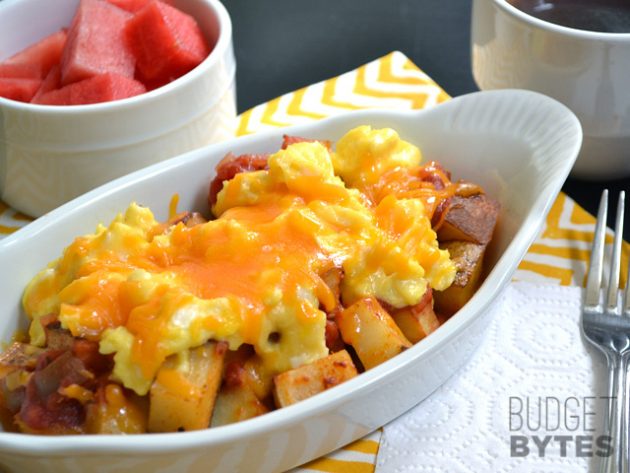 Rustic potatoes with omelets and cheese