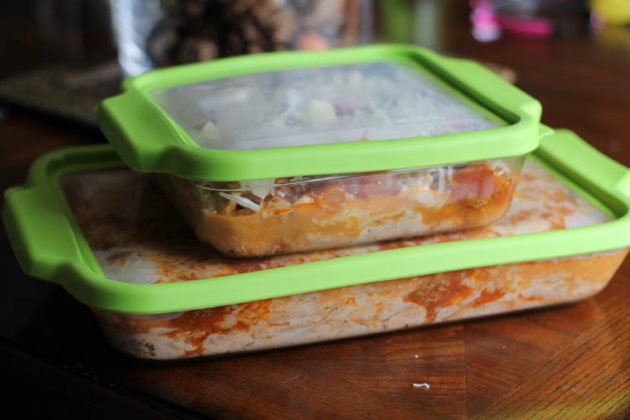 Pasta casserole with minced meat in a container