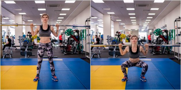 trénink v tělocvičně: Squats s činky