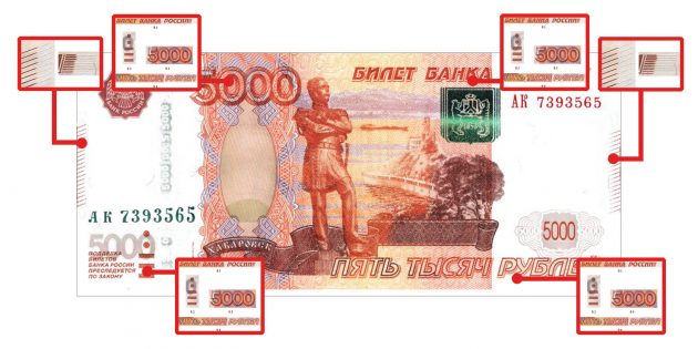 counterfeit money: signs of authenticity, noticeable to the touch, by 5,000 rubles