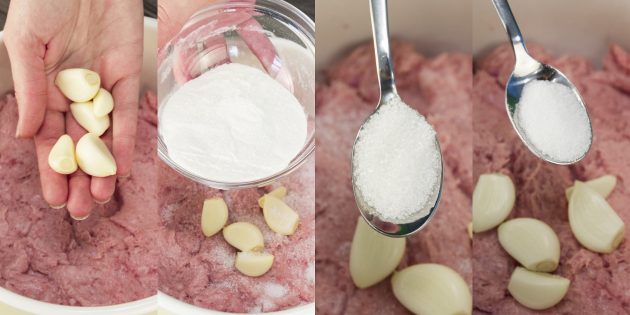 Schritt-für-Schritt-Rezept für hausgemachte Wurst: Fügen Sie Knoblauch, Sahne, Salz, Zucker hinzu