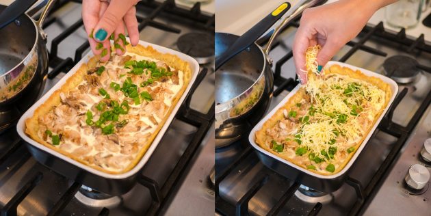 Kish with chicken and mushrooms: sprinkle with cheese and greens